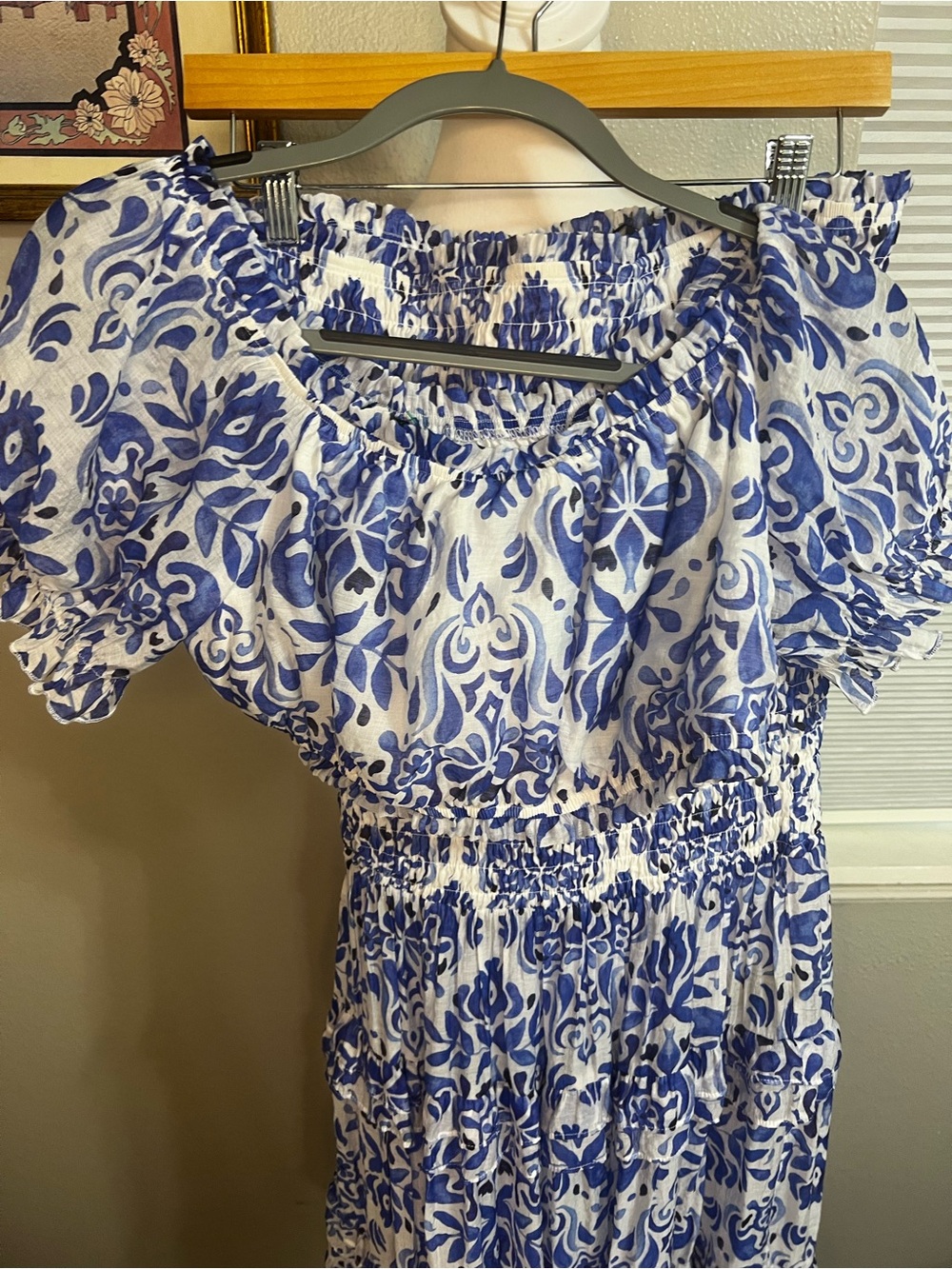 Bebe RUCHED BUBBLE TOP AND SMOCKED MAXI SKIRT WOVEN SET Blue And White 10 Medium - Picture 12 of 16